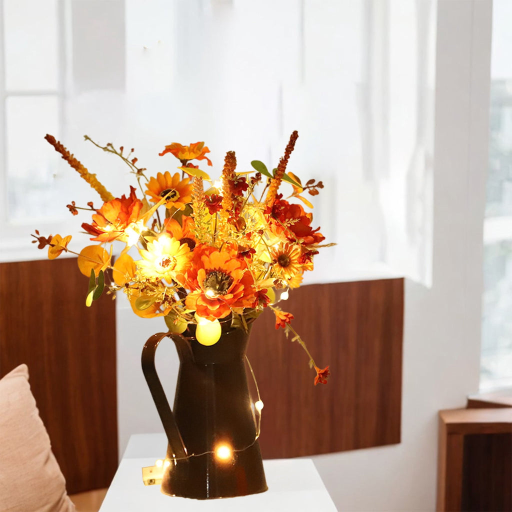 Light Up Sunflower Bouquet Decor - Battery Operated Floral Arrangement Halloween Thanksgiving Table Centerpiece Iron Vase Seasonal Home Gift(A-Not With Lame)