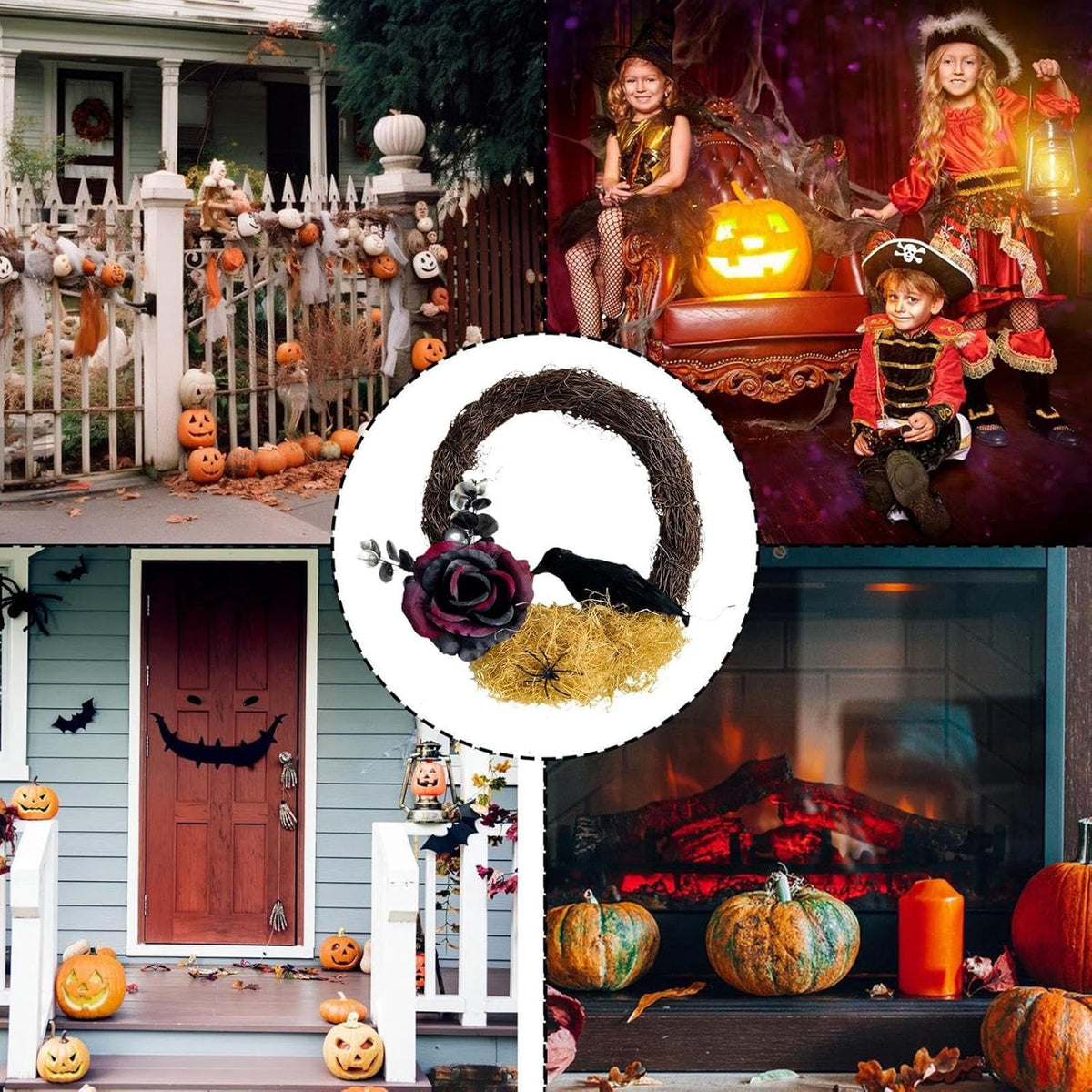 Halloween Wreath, 10 Inch Halloween Garland with Crow Vines, Artificial Dead Branch Wreath with LED Light, Halloween Home Party Decor Sturdy Build, for Porch Window Wall Decor