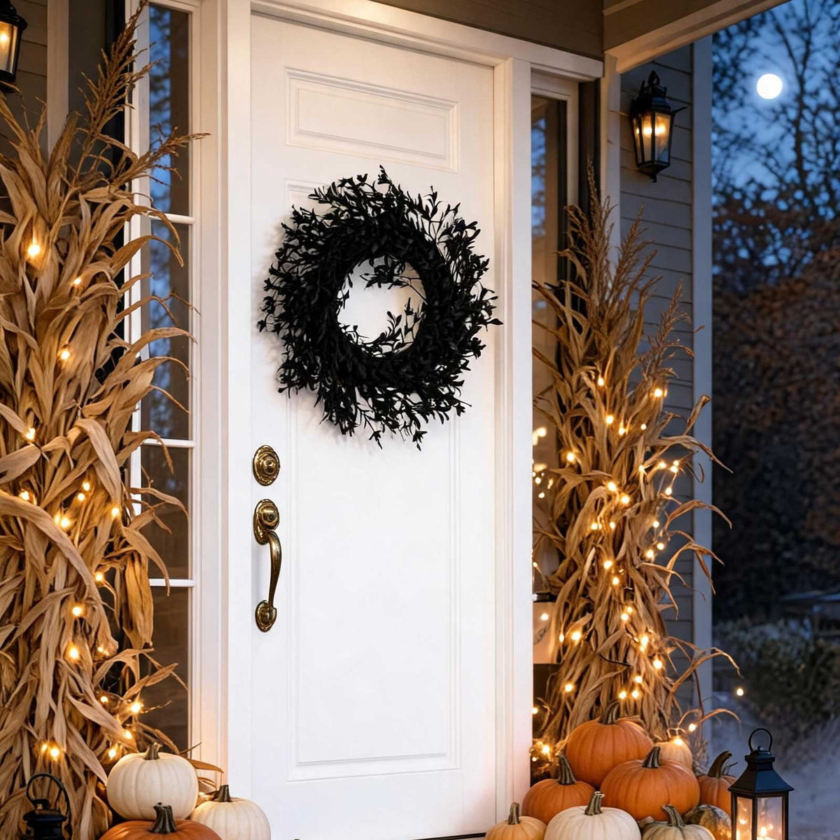 Black Halloween Wreath Decoration, Artificial Dark Leaf Door Garland For Halloween Thanksgiving Fall Festival, Gothic Front Door Wall Fireplace Window Porch Party Home Decor