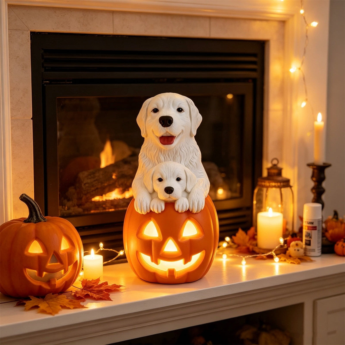 Clearance! Halloween Light‑Up Dog Figurine, 7.9in Scarecrow Dog Statue with Glowing Pumpkin, Waterproof Resin Table Yard Decor