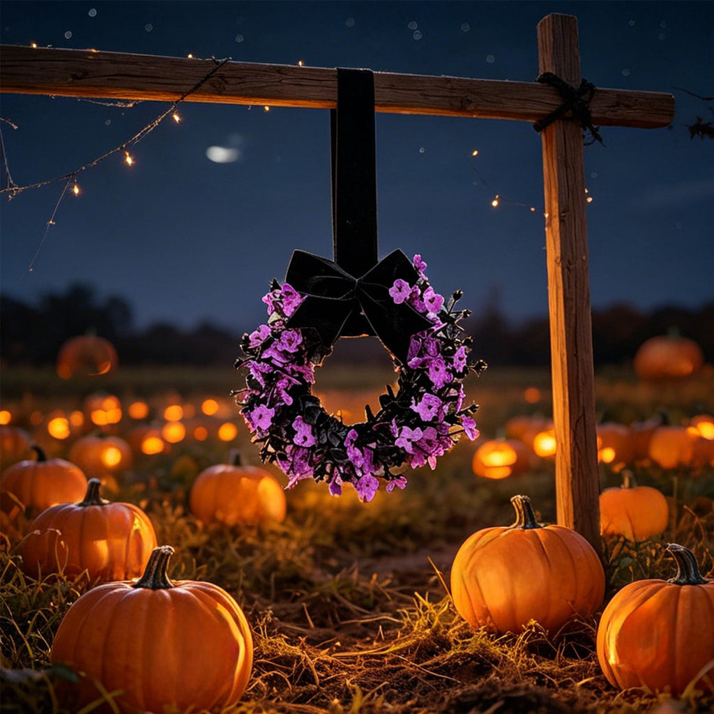 Handcrafted Artificial Floral Front Door Wreath with Velvet Bow, Fall Halloween Decor, Circular Garland for Home & Porch, Seasonal Decoration, Festive Wall Ornament