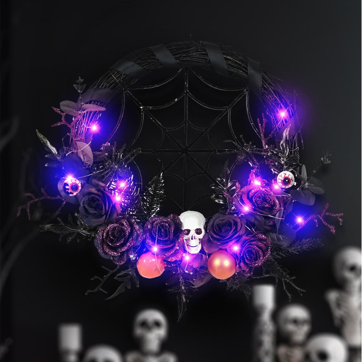 Bobomoti Halloween Wreath with LED Lights, Halloween Wreath with Flowers and Skulls for Front Door, Indoor Outdoor Halloween Home Party Decorations