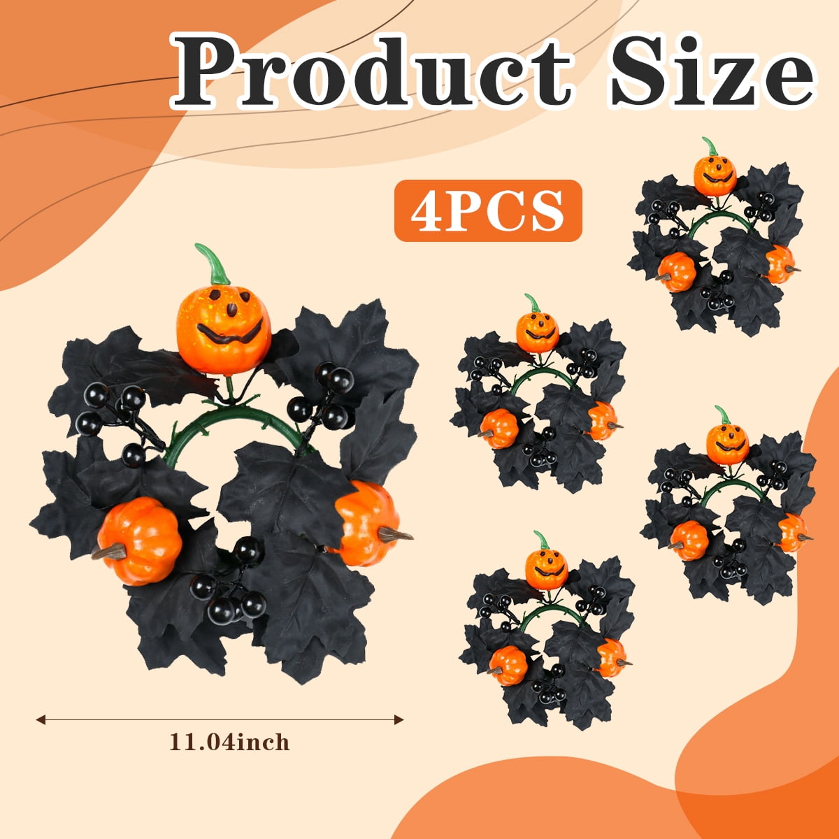 Halloween Candle Ring Wreath Halloween Table Centerpiece Black Orange Spooky Table Top Decoration Small Taper/Pillar Candle Rings Center for Party Favors 4 Pcs Design1
