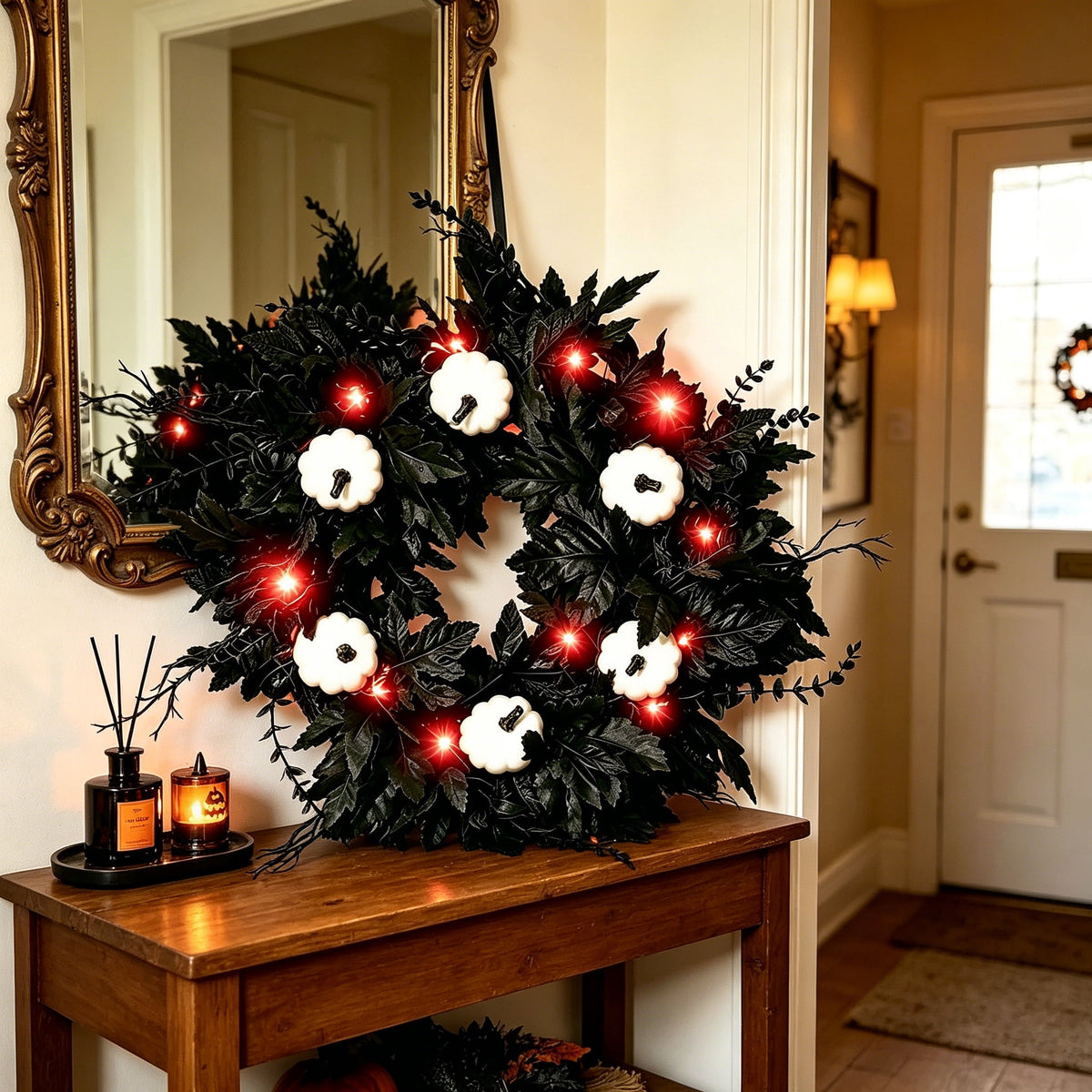 Halloween Wreaths Decoration for Front Door,Black Maple Pumpkin Wreath Decor with Lights,Fall Artificial Flower Wreath for Halloween Thanksgiving Wall,Window,Indoor Outdoor Halloween Home Decoration