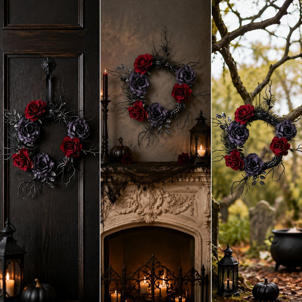 WWC Halloween Wreath, Artificial Silk Bats And Skulls Wreath, Gothic Halloween Decor for Fall Party Front Door Porch Mantel