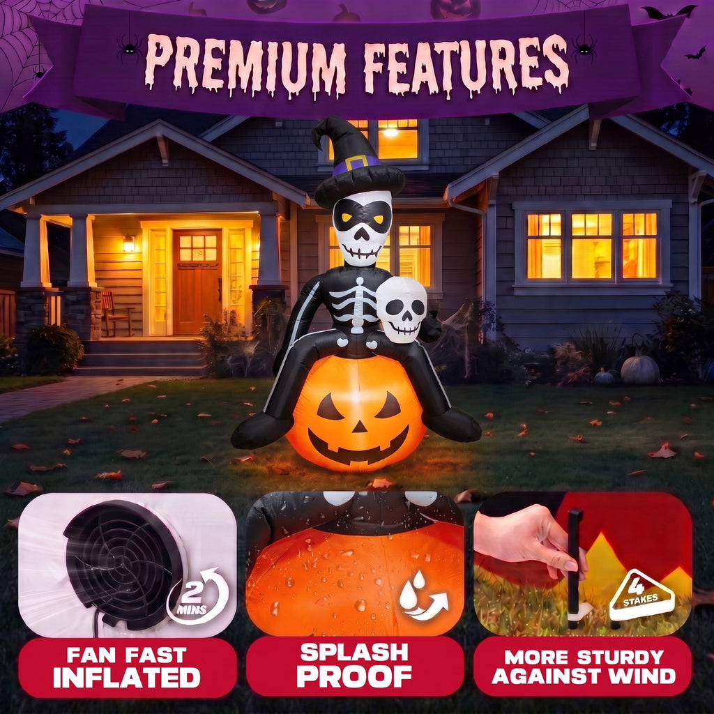 Glazina 6 FT Halloween Inflatable Skeleton on Pumpkin with Witch Hat, Built-In LED Lights, Outdoor Halloween Blow Up Yard Decoration