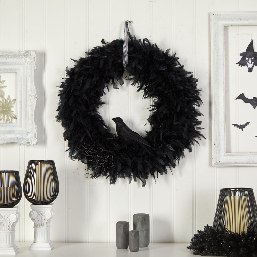 Nearly Natural 30in. Halloween Raven Feather Wreath