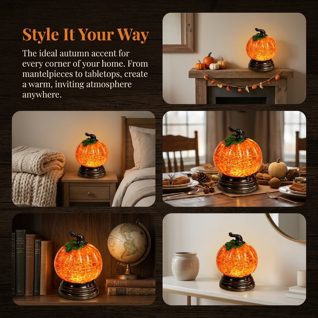Halloween Pumpkin Snow Glitter Globe, Lighted Orange LED Fall Decor, Thanksgiving Centerpiece Seasonal Gift