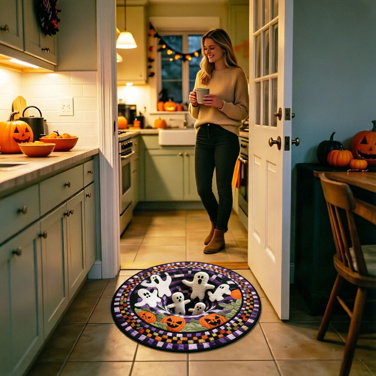 Win s Way 3D Illusion Round Halloween Rug Optical Illusion Doormat Non- Washable Entryway Decor Spooky Fall Front Door Mat for Party Decoration Available in 15.8/23.6/31.5 Inch
