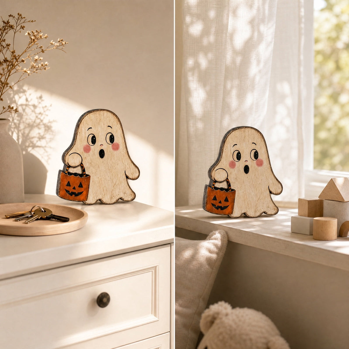 SLYNSHome Vintage Wooden Ghost Tabletop Figurine, Ghost With Pumpkin Bucket Decor, Farmhouse Shelf Mantel Ornament For Halloween Indoor Home Holiday Party Atmosphere Decoration