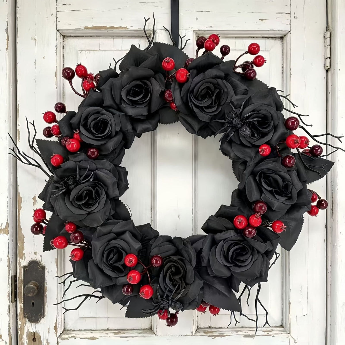 WWC Halloween Wreath, Artificial Silk Bats And Skulls Wreath, Gothic Halloween Decor for Fall Party Front Door Porch Mantel