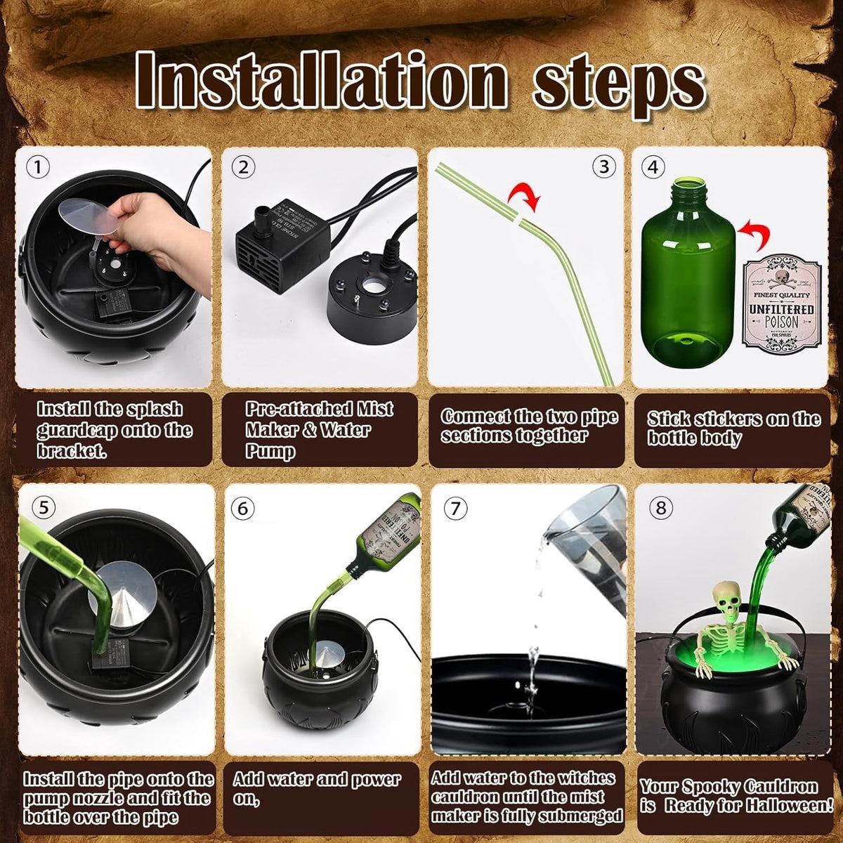 TETOU Halloween Decorations Indoor,DIY Floating Potion Set with Witches Cauldron and Mist Maker,Spooky Black Plastic Cauldron with Skeleton for Halloween Party Home Room Mantel Table Indoor Decor