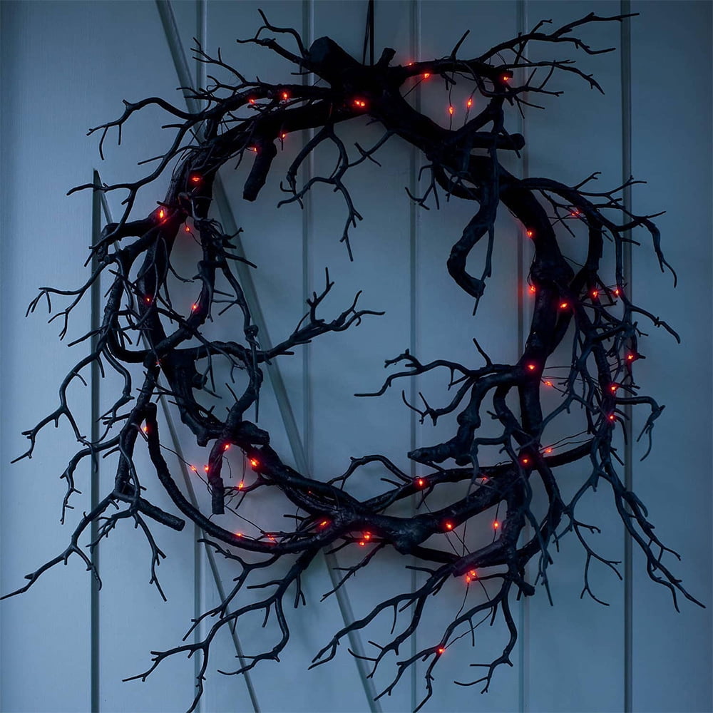 1pc Art Deco Style Halloween Wreath, 16.92-Inch Pre-Lit Black with Glittering Accents, Dead Branches, Festive Fall Home Window Wall Decor for Halloween