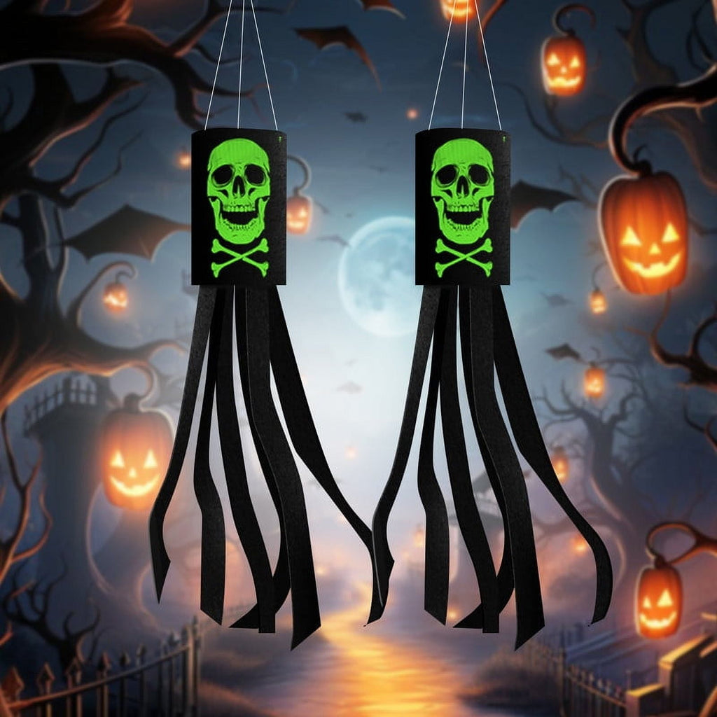 2 Pack 40 Inch Halloween Luminous Ghost Skull Windsock Flag, Glow in The Dark Skeleton Windsocks Flag, Outdoor Hanging Decor for Yard Patio Garden Pathway Party Decoration