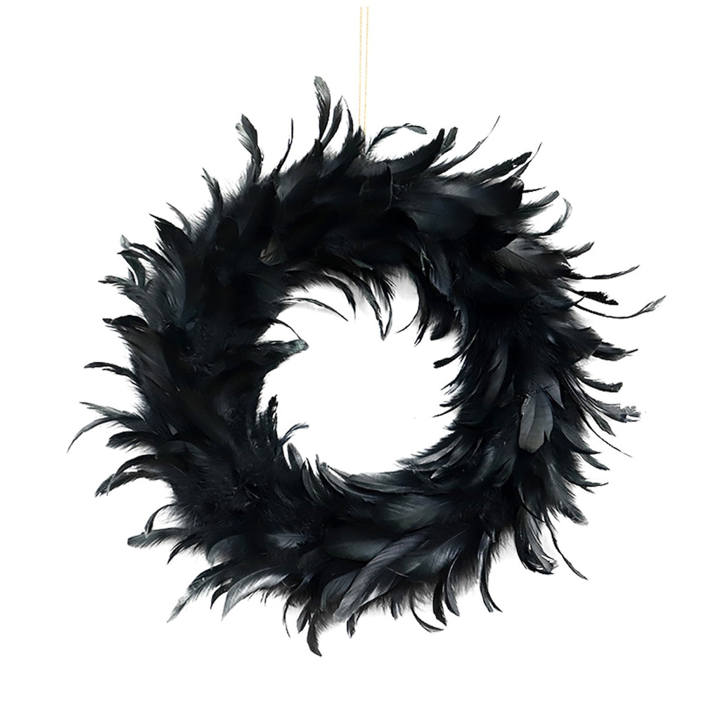 2 Pack Black Feather Wreath Halloween Wreath 13.78" Black Natural Cocktail Feather Wreath, Halloween Photo Props, Front Door Decor Witch Spooky Scene Halloween Party Decorations
