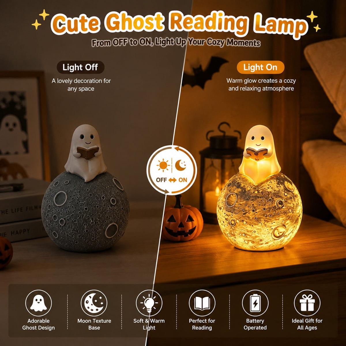 Halloween Ghost Night Light, Cute Ghost Playing The Guitar Lamp, Ghost Warm Lighted Figurine Lamps for Party Bedroom Study Room Home Dorm, Halloween Decor Indoor