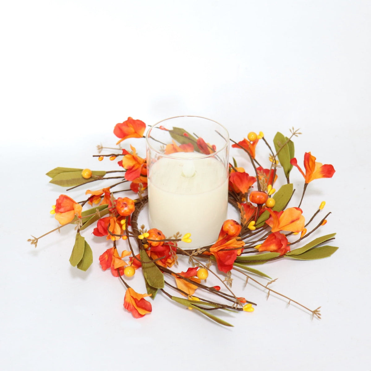 Qocolcyl 12in Faux Pumpkin Floral Fall Wreath, Fake Autumn Flower Berry Candle Ring, Small Twig Wreath for Front Door Mantel Dining Table Indoor Outdoor Thanksgiving Halloween Farmhouse Decor