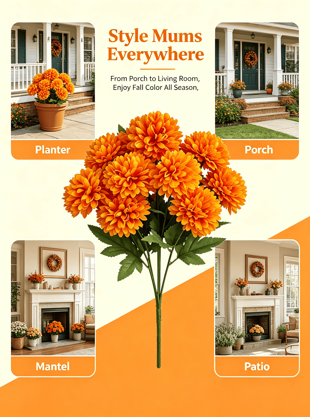 1Pack Faux Fall Mums for Outside Artificial Mums Outdoor Clearance Chrysanthemum Bush Silk - Orange Fall Decorations for Home Fall Wedding Flowers