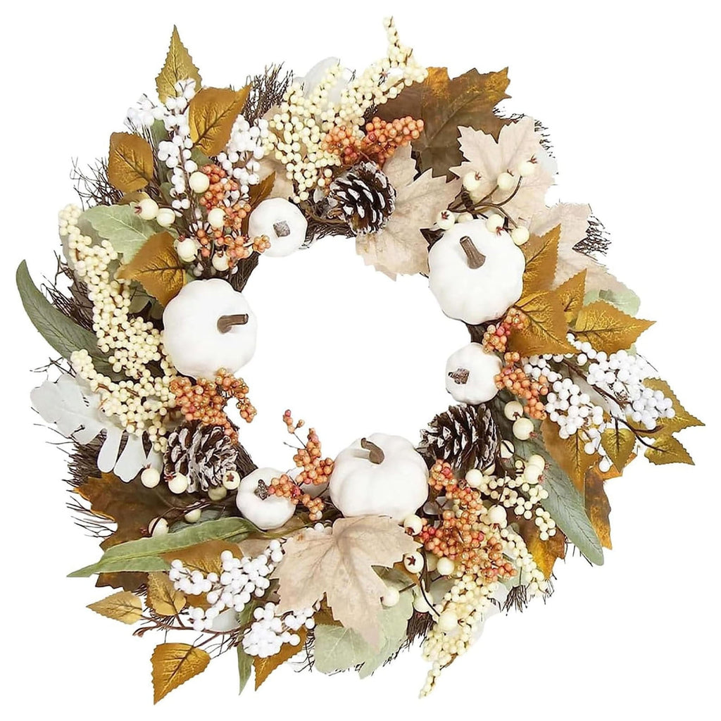 Autumn Wreath 14 Inch Fall Decor for Home Front Door with Artificial Maple Leaf Pumpkin Berry Pinecone Harvest Thanksgiving Halloween Farmhouse Seasonal Decorations Indoor Outdoor,