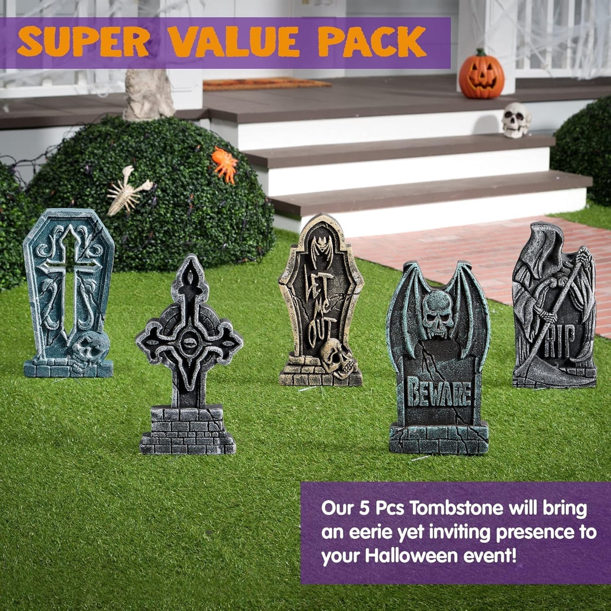 Joyfy 5 Pack Halloween Tombstone Outdoor Decorations,17 Inch Foam RIP Cemetery Headstone Decoration and 12 Halloween Yard Lawn Decoration Metal Stakes