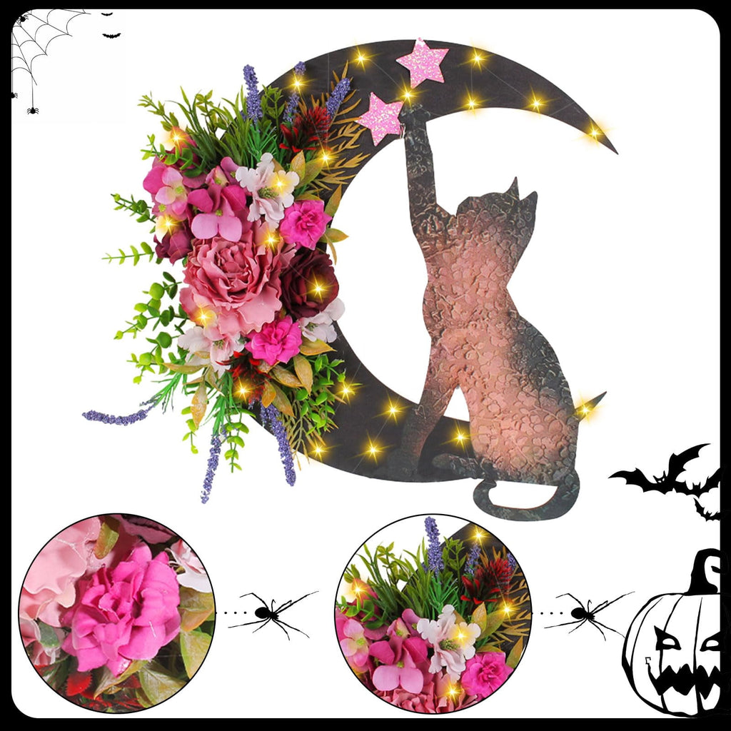 STYZIGZZ 14" Halloween Wreath for Front Door,Moon Cat Halloween Wreaths with Rose,Hanging Floor Door Decoration for Home Party Indoor Outdoor