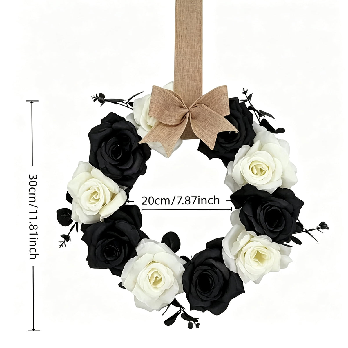 Halloween Rose Wreath, 11.81 Inch Black & White Artificial Flower Wreath with Burlap Bow, Gothic Front Door Wall Hanging Decor for Fall Autumn Home, (1PC)