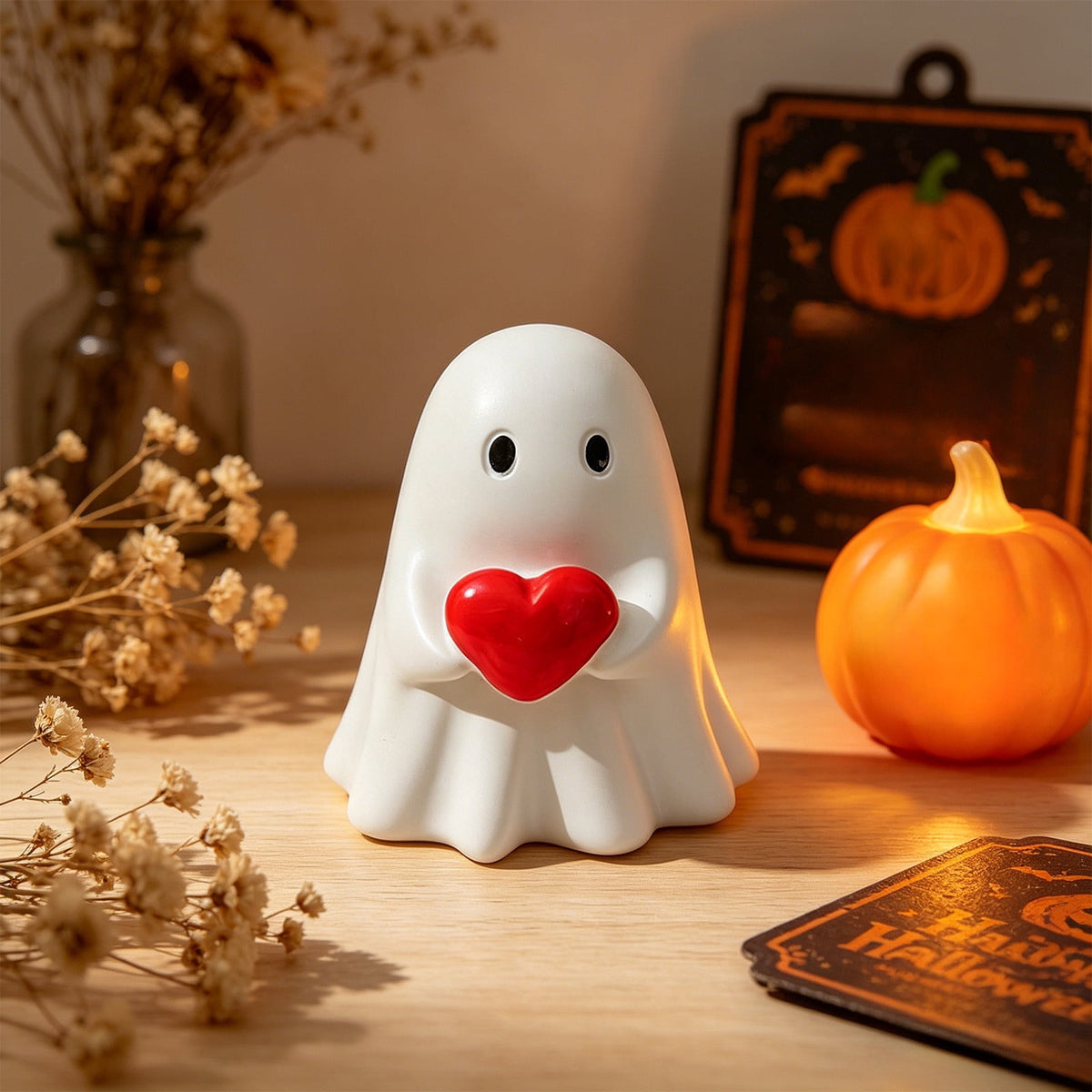 Halloween Ghost Figurine, Ghost Girl with Pink Bow & Hot Drink, Funny Ghost Statue Halloween Decor for Gift, Cute Spooky Tabletop Ornament for Home, Mantle, Desk & Party Decoration