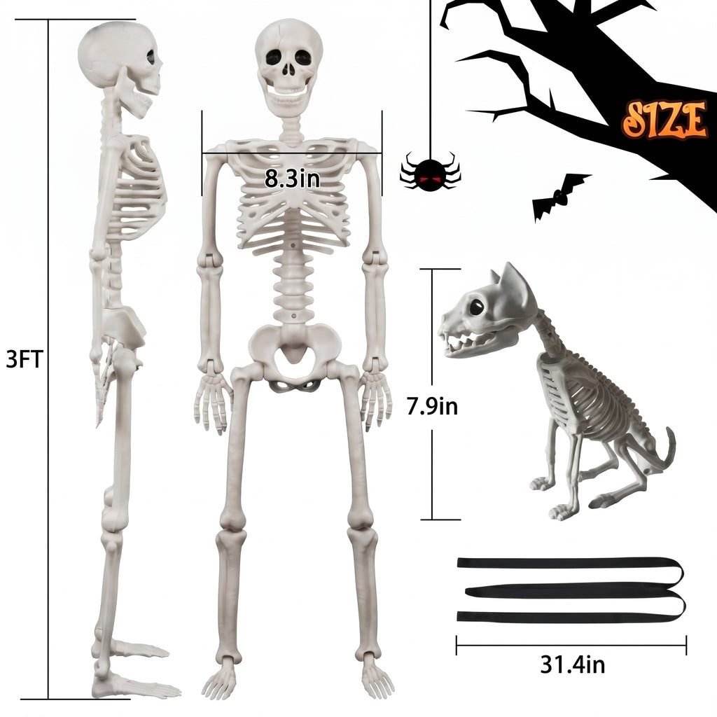 TETOU 2Pcs Halloween Human Cat Skeletons,35.4 Inch Realistic Full Body Movable Posable Skeleton for Halloween Garden Yard Porch Party Haunted Graveyard Indoor Outdoor Decororation