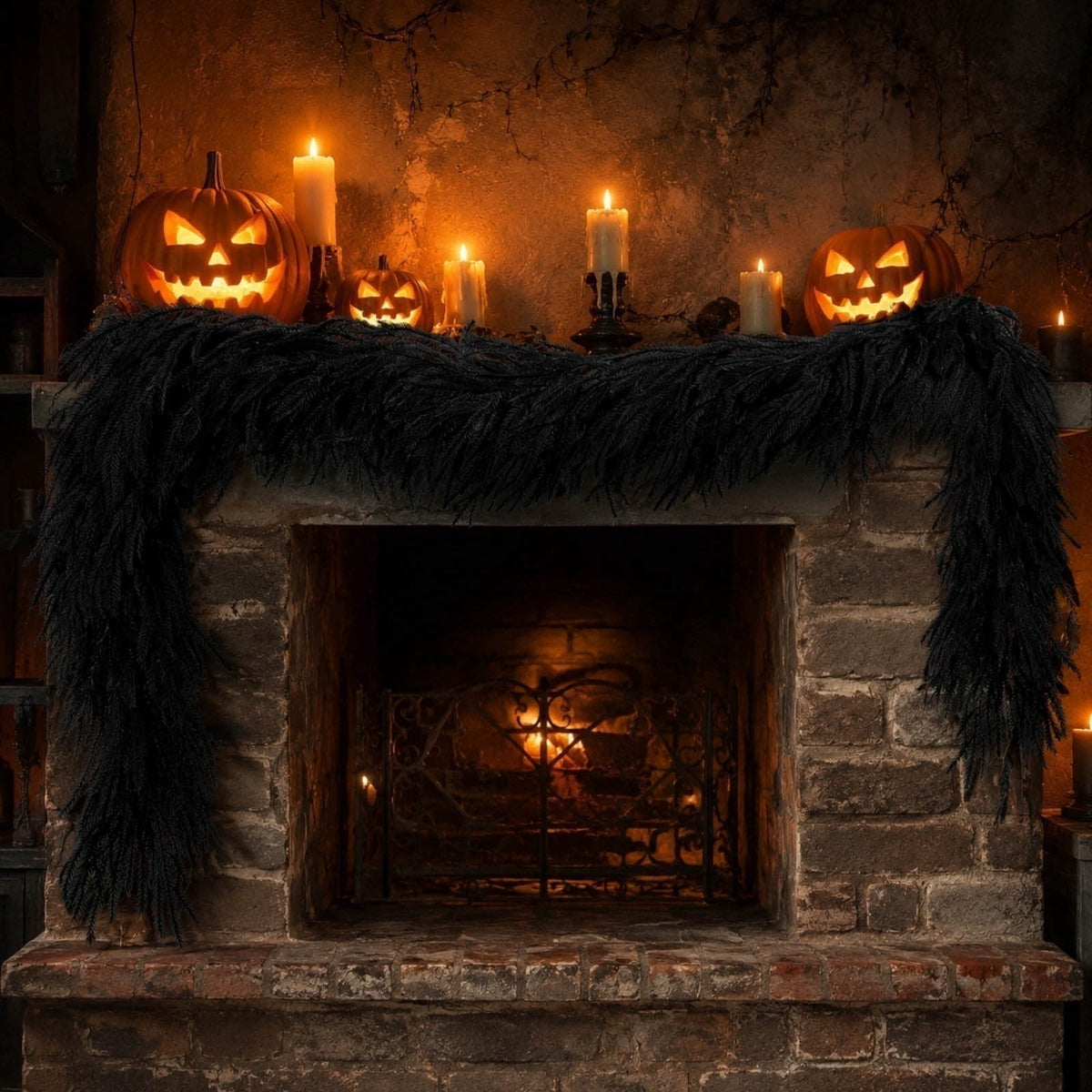 Black Halloween Garland,9 Ft Halloween Garland For Mantle,Black Norfolk And Halloween Decorative Wreath Real Touch Halloween Garlands Faux Garland.(120 Head)