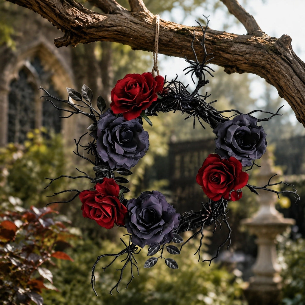 WWC Halloween Wreath, Artificial Silk Bats And Skulls Wreath, Gothic Halloween Decor for Fall Party Front Door Porch Mantel