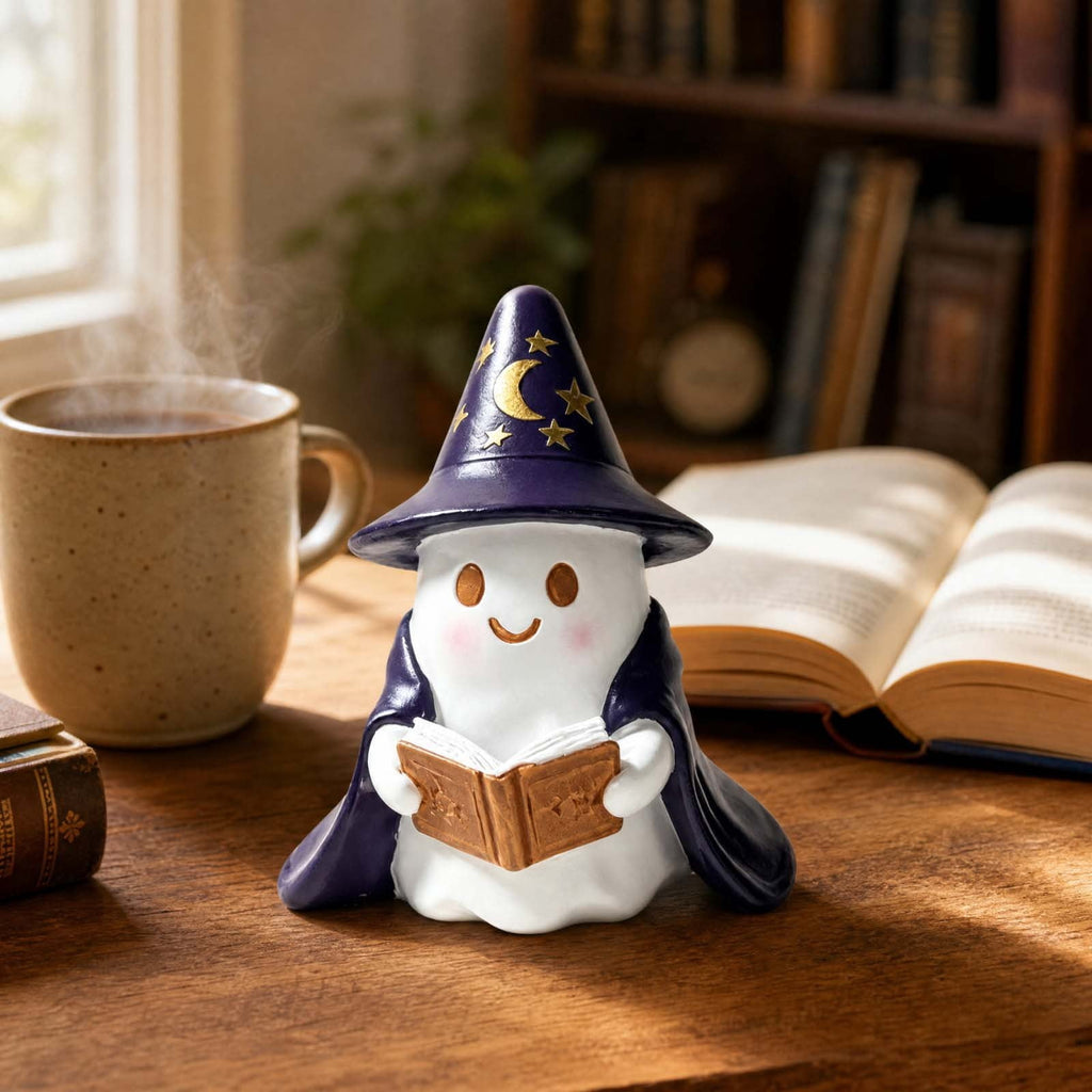 Halloween Ghost Figurine, Ghost Girl with Pink Bow & Hot Drink, Funny Ghost Statue Halloween Decor for Gift, Cute Spooky Tabletop Ornament for Home, Mantle, Desk & Party Decoration