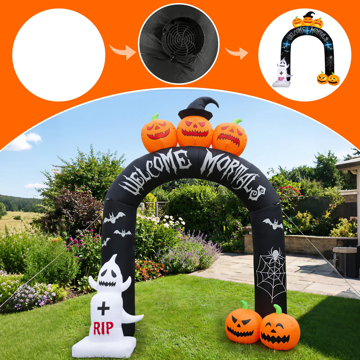 MAGOTAN 8 ft Halloween Inflatable Pumpkin Halloween Inflatable Pumpkins Ghost Tombstone Outdoor Yard Decoration Build-in 7 LED White Lights