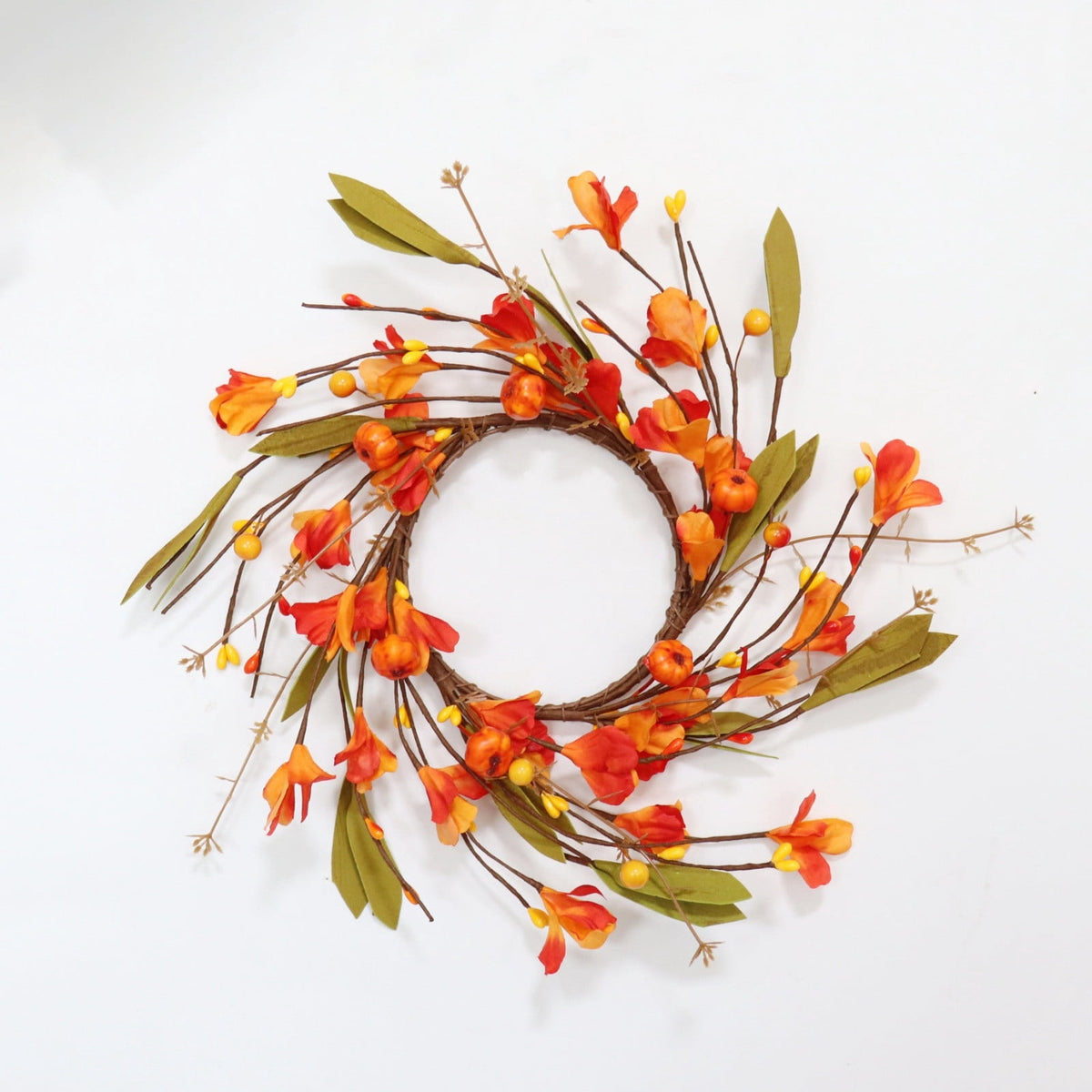 Qocolcyl 12in Faux Pumpkin Floral Fall Wreath, Fake Autumn Flower Berry Candle Ring, Small Twig Wreath for Front Door Mantel Dining Table Indoor Outdoor Thanksgiving Halloween Farmhouse Decor