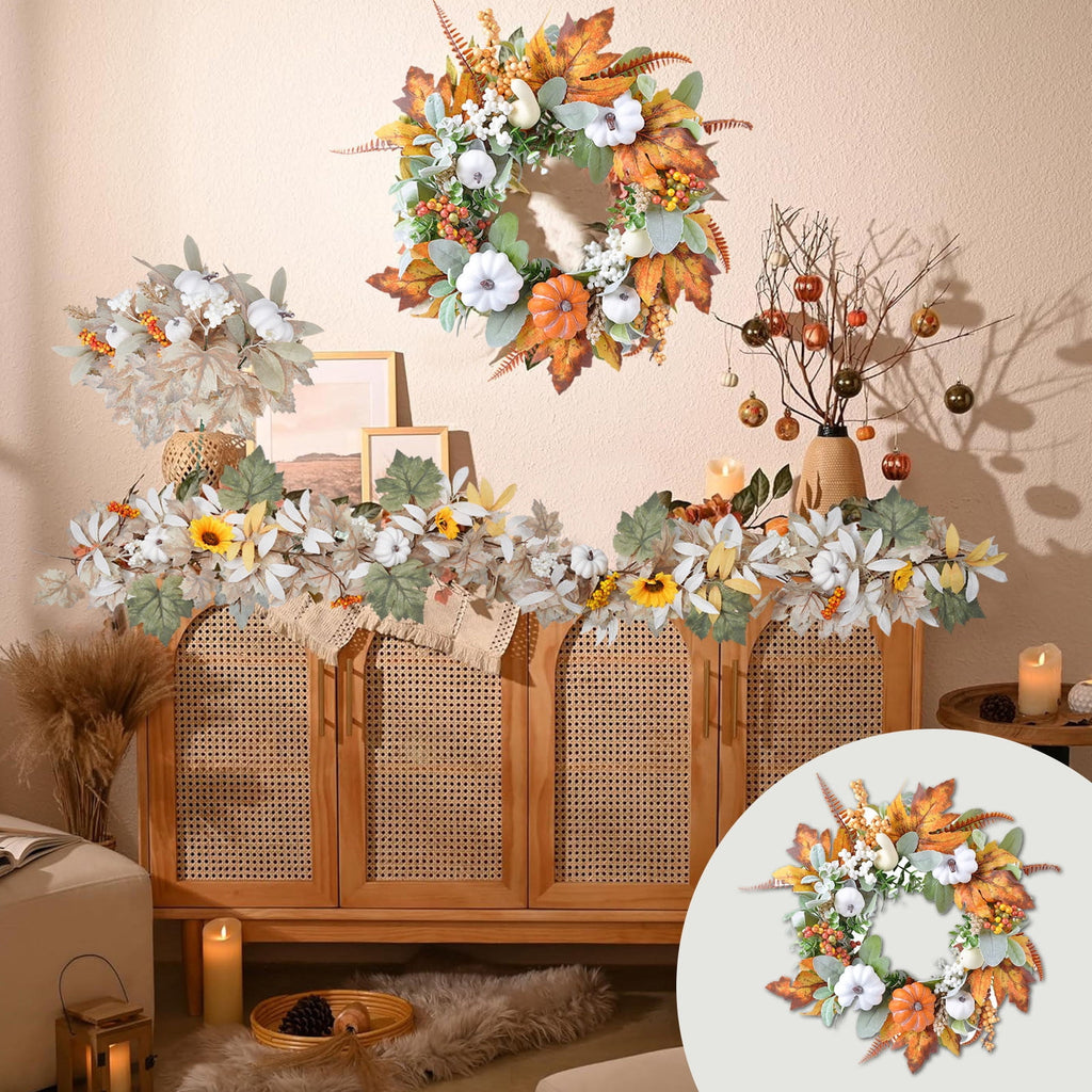 YIMWNYI Pumpkin Maple Leaf Decorative Wreath, Artificial Fall Wreath for Halloween, Thanksgiving, Harvest Festival Home Decor, Waterproof and Sunproof Autumn Wreath, Indoor and Outdoor Decoration