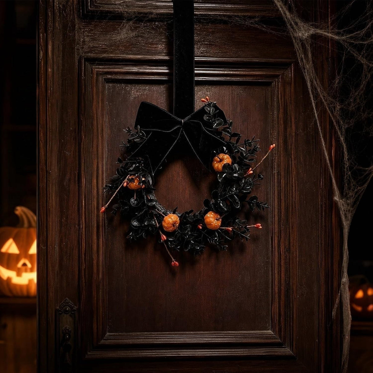 XEAZON 1/2/4 Pcs Halloween Wreaths 9" Artificial Hallowee Wall Cabinet Decor Mini Wreath with Pumpkin and Velvet Bow, Gothic Kitchen Cabinet Wreaths for Front Door Cabinets Window Wall Holiday Decor