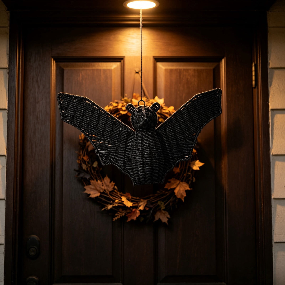 Black Rattan Wall Decoration, Halloween Wicker Bat Art, Indoor and Outdoor Festive Decor, Durable Plastic Material