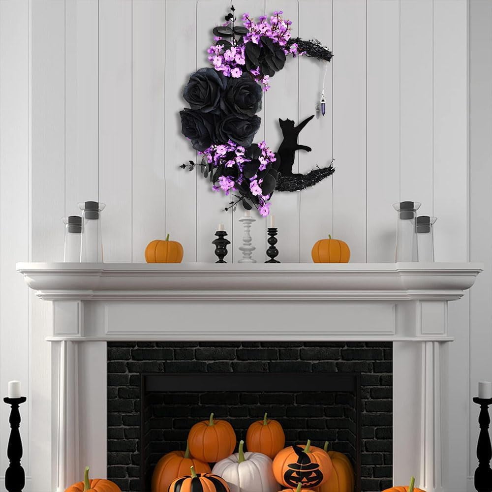 Halloween Moon Wreaths for Front Door, Black Cat on Moon Wreath Halloween Decor, Spooky Halloween Decorations Crescent Moon Wreath for Home Party Window Wall Indoor Outdoor