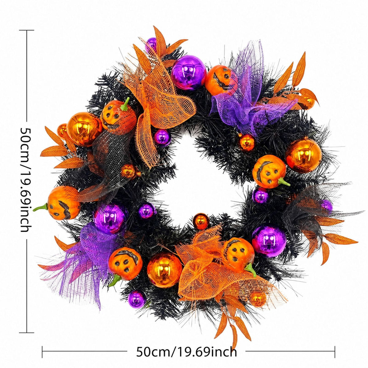Ktlvex 20" Halloween Wreaths Decoration for Front Door,Black Wreaths Pumpkin Feather Maple Leaves with Lights,Halloween Indoor Outdoor Home Decor（B）