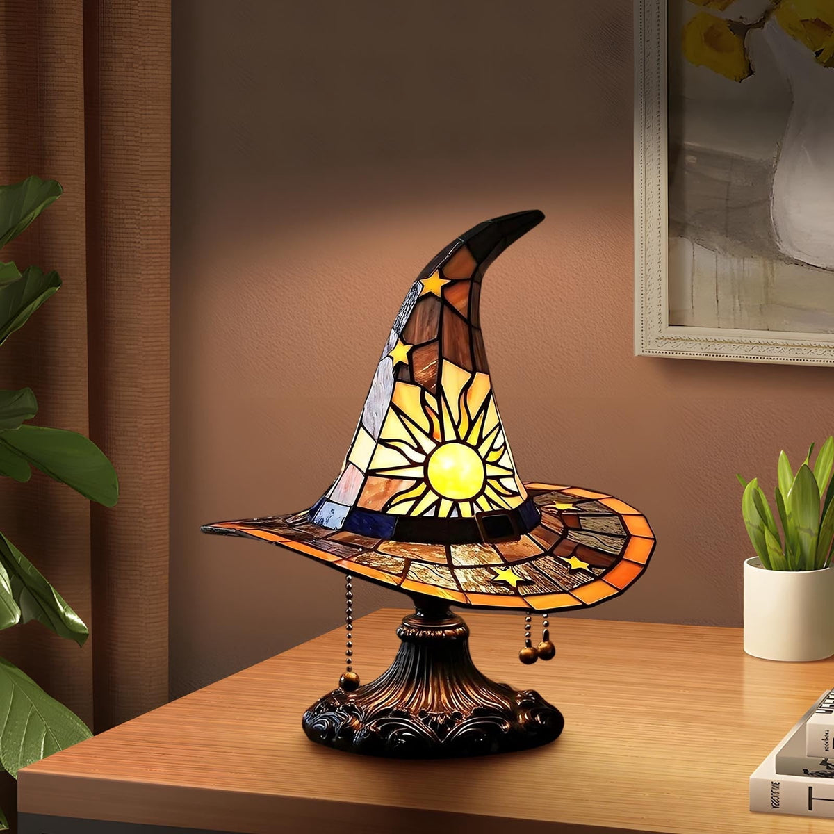Stained Glass Witch hat lamp, 7" Halloween Gothic Mystic Room Decor Handcrafted Ceramic Phantom Figurine, USB Rechargeable LED Glowing Lantern for Bedroom Living Room Mantel Home Decor