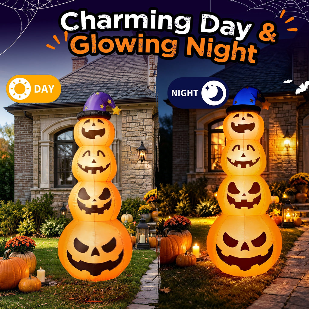 Goosiay 8ft Halloween Inflatable, Stacked Pumpkins with Witch Hat and Built-in LED Lights, Outdoor Blow up Yard Decor for Lawn, Garden, Porch and Halloween Party, Orange
