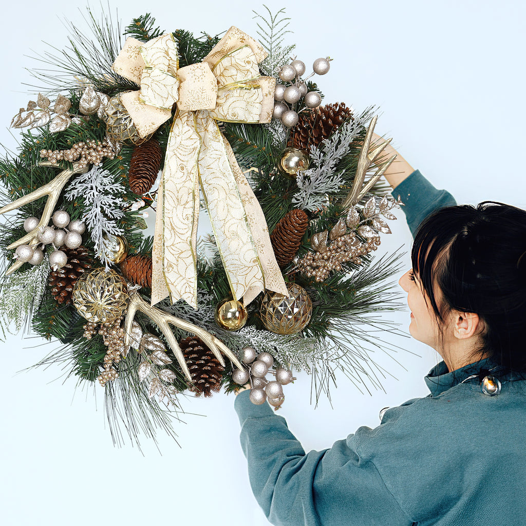 JoanKaren 24 inch Large Christmas Wreath Silver White with 20 LED Lights,Prelit Xmas Wreath w/ Ball Ornaments Pine Cone