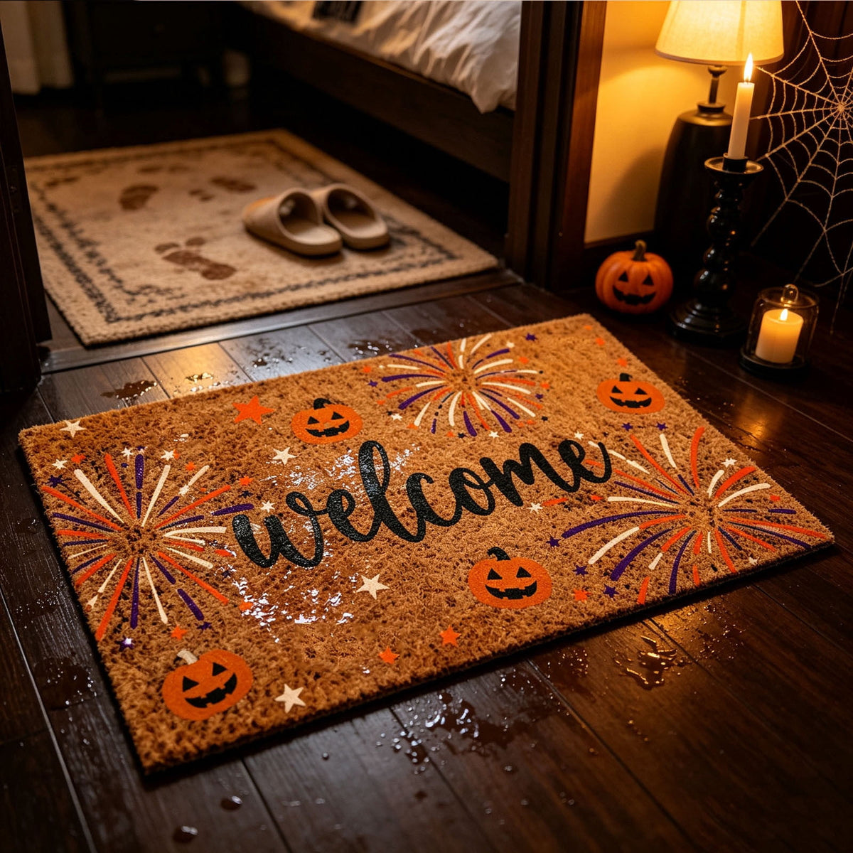 Fllostpr Halloween Pumpkin & Crow Welcome Doormat for Front Door, Non-Slip Vintage Brown Coir Floor Mat for Outdoor Porch Entryway Decor,16x24 Inch