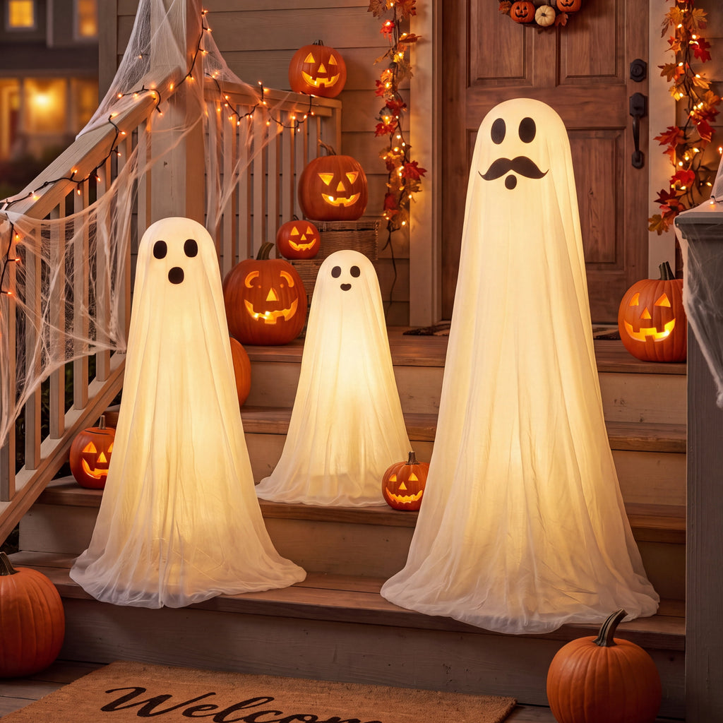 Joyfy 47"Cute Ghost Dog Halloween Decoration Outdoor, Reusable Spooky Standing Dog with Stakes, Soft White Light LED & 6 Hours ON + 18 Hours OFF Timer, Adorable Halloween Decor for Front Porch Yard