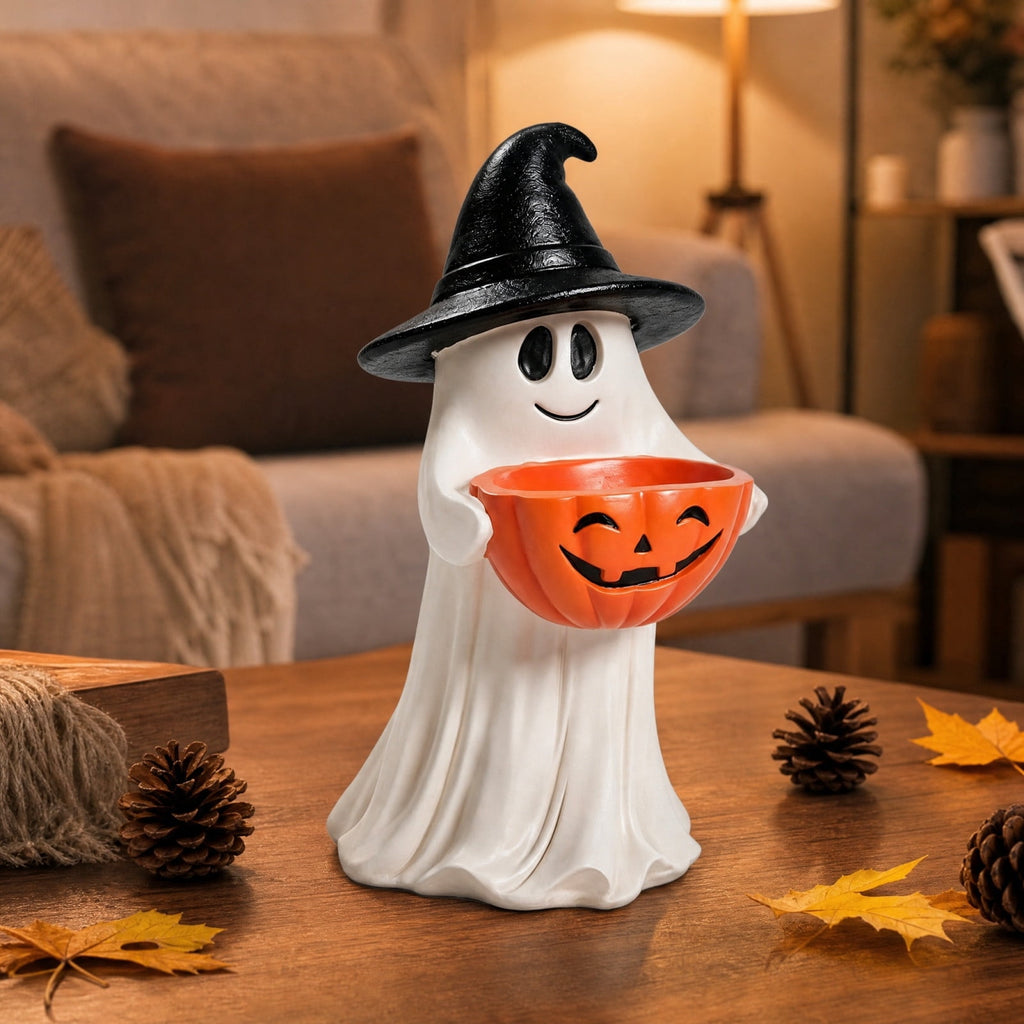 Halloween Decoration Ghost Figurine 11in Resin Ghost Statues with Pumpkin Candy Bowl for Outdoor Indoor Front Door, Porch Yard Lawn Party Decor
