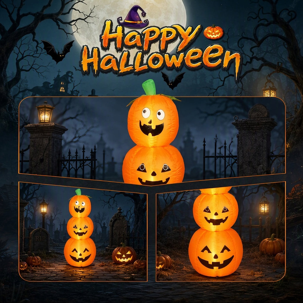 Halloween Inflatables Outdoor, 8FT Long Cute & Lighted Blow Up Decoration Pumpkin Family with Witch Hat, Large Halloween Inflatables Decorations with Lights for Yard, Holiday, Home