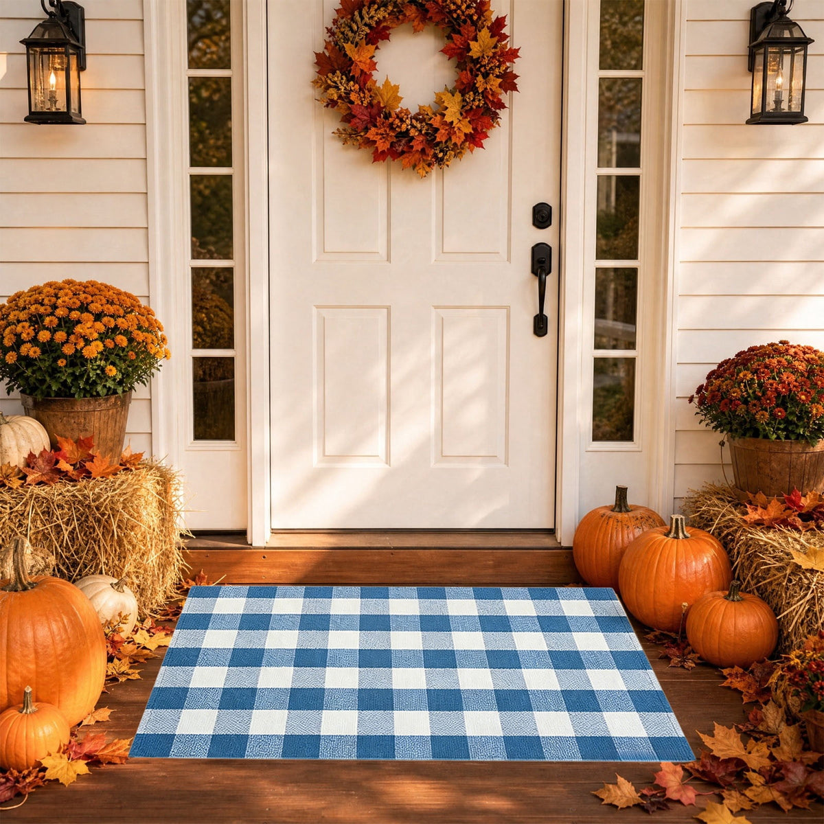 Orange Plaid Fall Outdoor Mat, Hand-Woven Porch Rug for Thanksgiving Halloween Door Decor