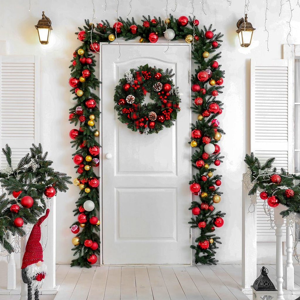 JoanKaren 24 inch Large Christmas Wreath Silver White with 20 LED Lights,Prelit Xmas Wreath w/ Ball Ornaments Pine Cone