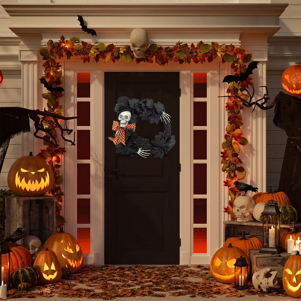 Halloween Wreath with Lights for Front Door, Collapsible Pre-Lit Wreath with Pumpkin Halloween Decorations for Home Wall Decor