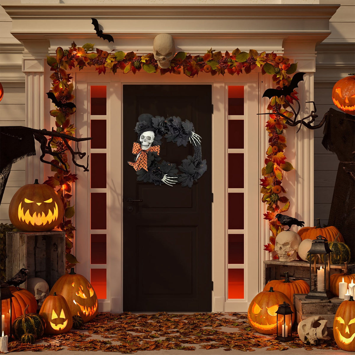 Halloween Wreath with Lights for Front Door, Collapsible Pre-Lit Wreath with Pumpkin Halloween Decorations for Home Wall Decor