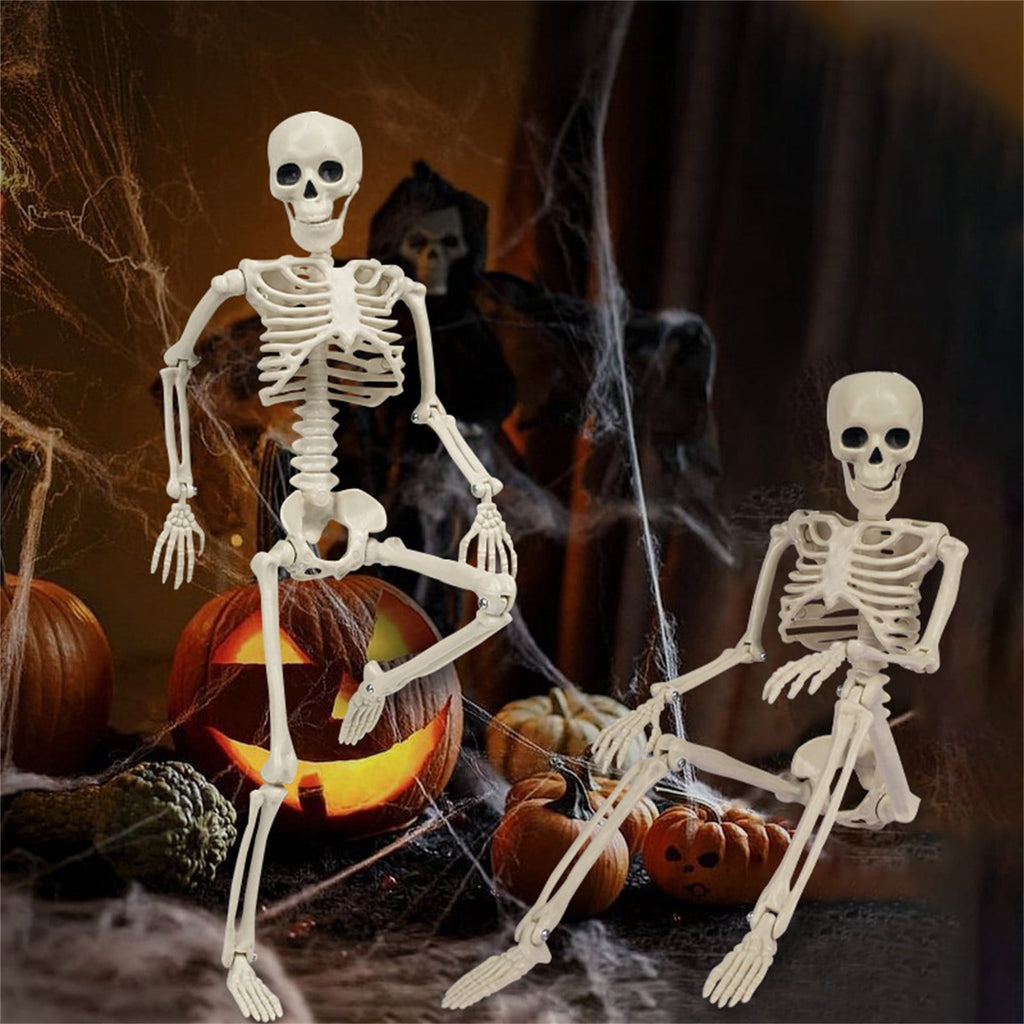 Coollooc Skeleton Halloween Decorations, 1.3Ft Realistic Full Body Movable Posable Joints Skeleton, Plastic Skeleton Decors for Halloween Party Haunted House Yard Supplies(A)